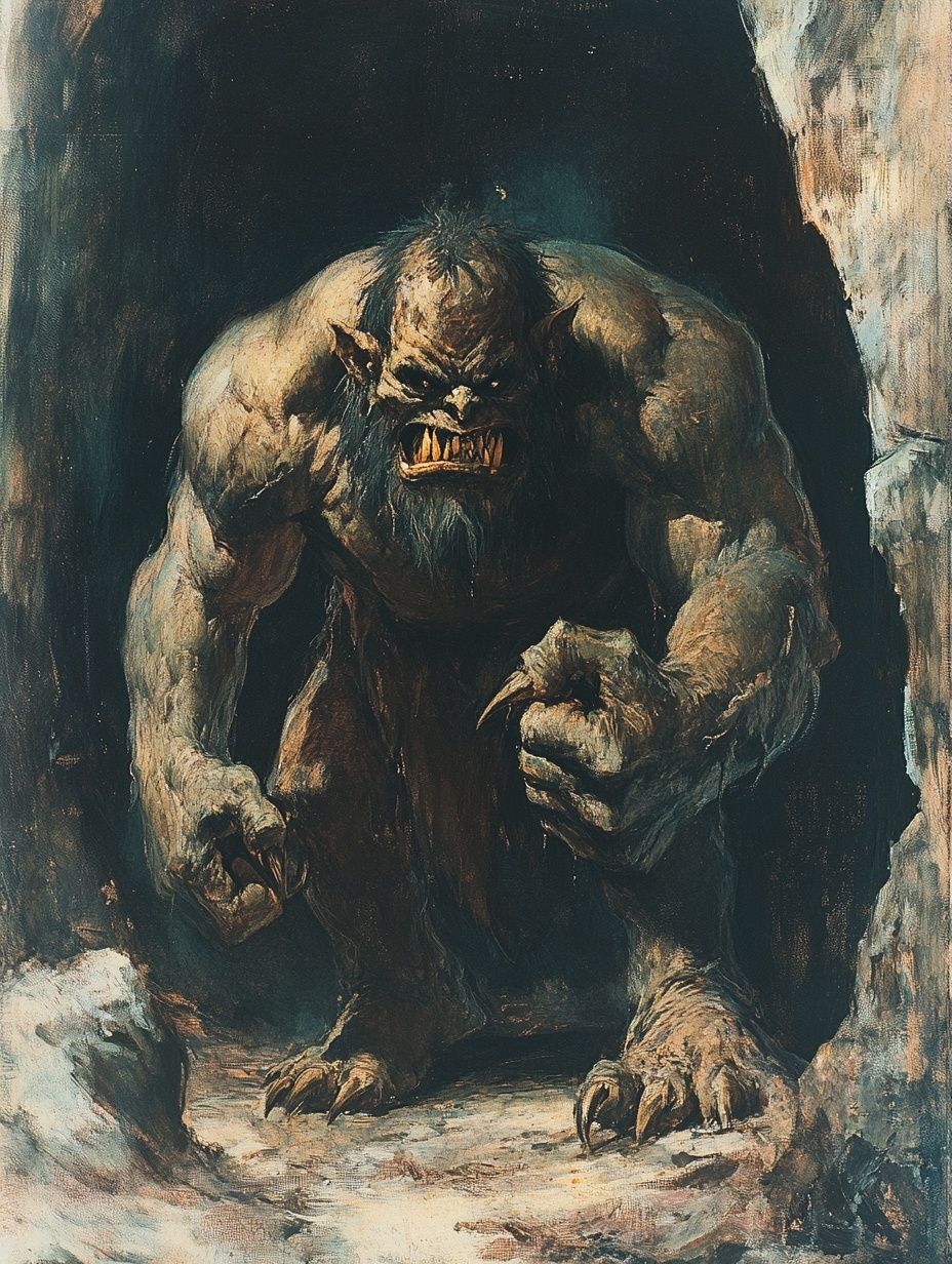 angry scary troll at cave entrance