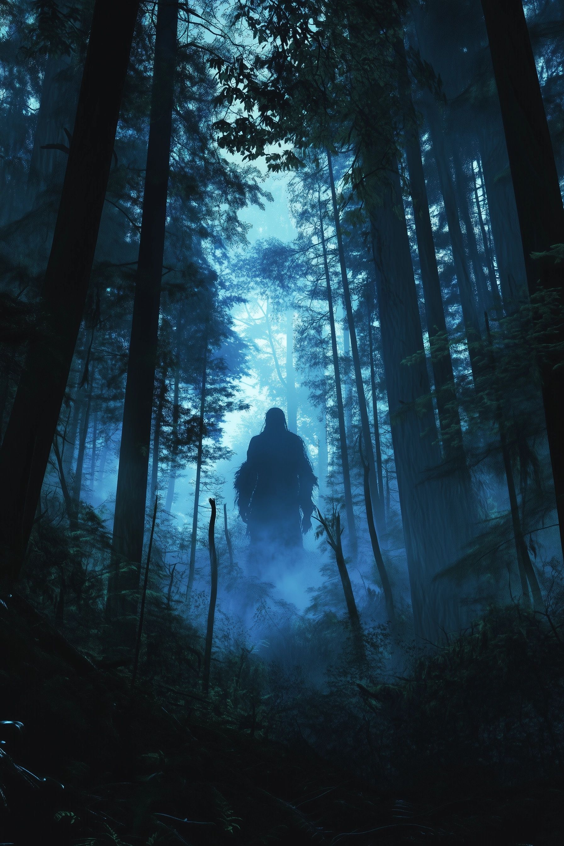 dense forest at twilight, with towering trees and mist creeping between them. In the background, a massive humanoid figure blends into the woods, tsul kalu cherokee folklore