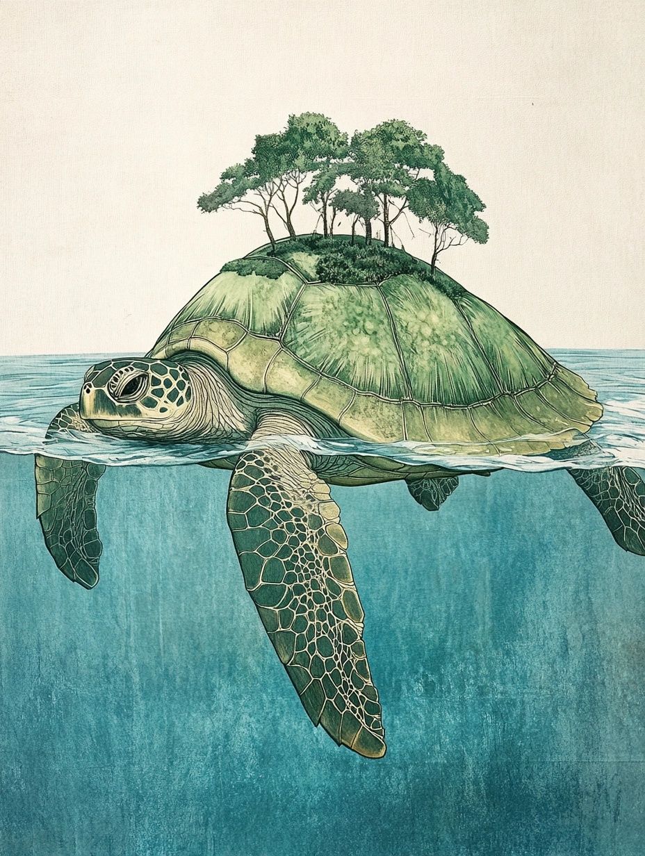 large green turtle in the ocean with trees growing on its back