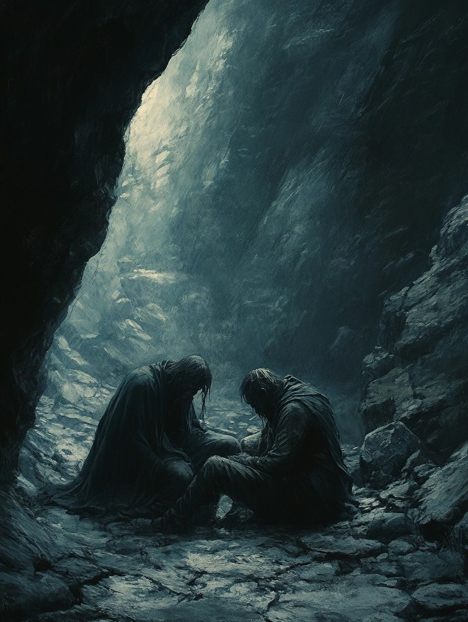 two bedraggled men sit in a dark cave