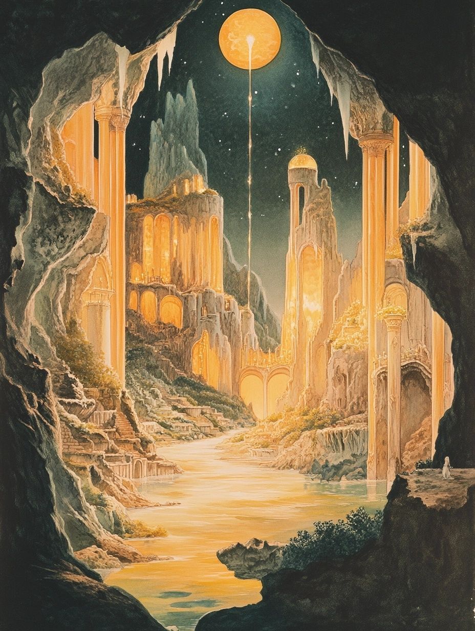ancient city, warm yellow towers, yellow moon