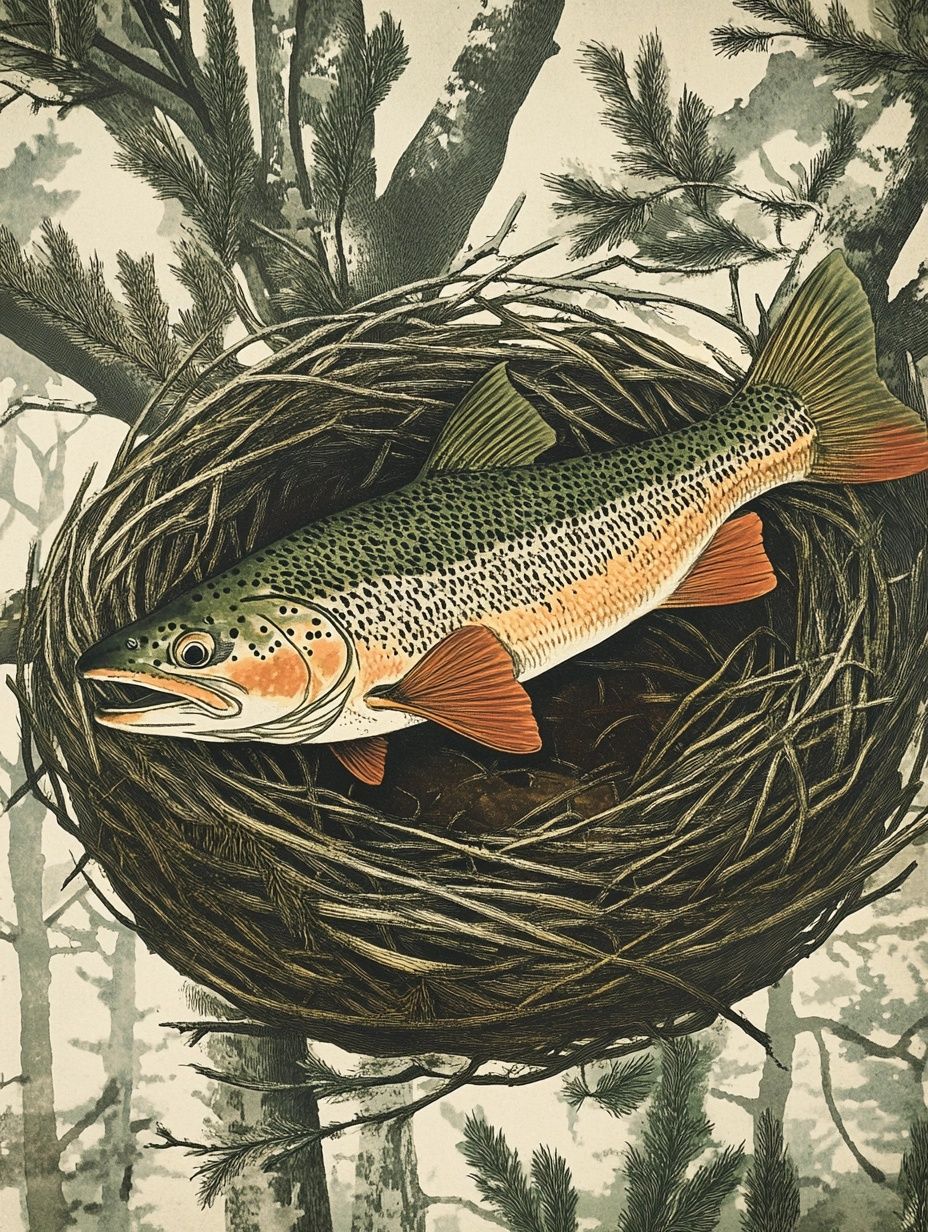 trout in birds nest in tree, paul bunyan tall tale