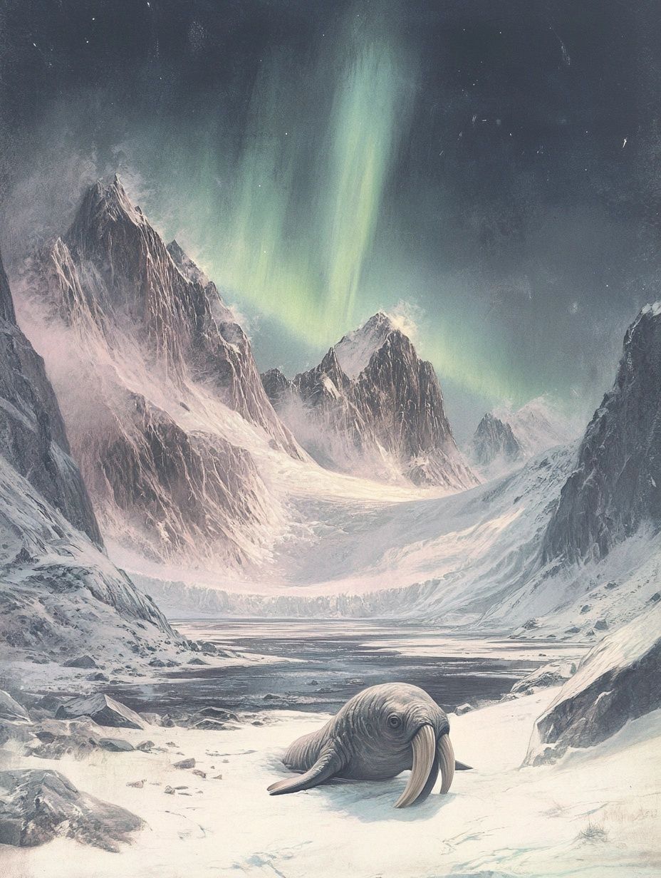 arctic landscape, green lights in sky, northern lights, aurora borealis, walrus