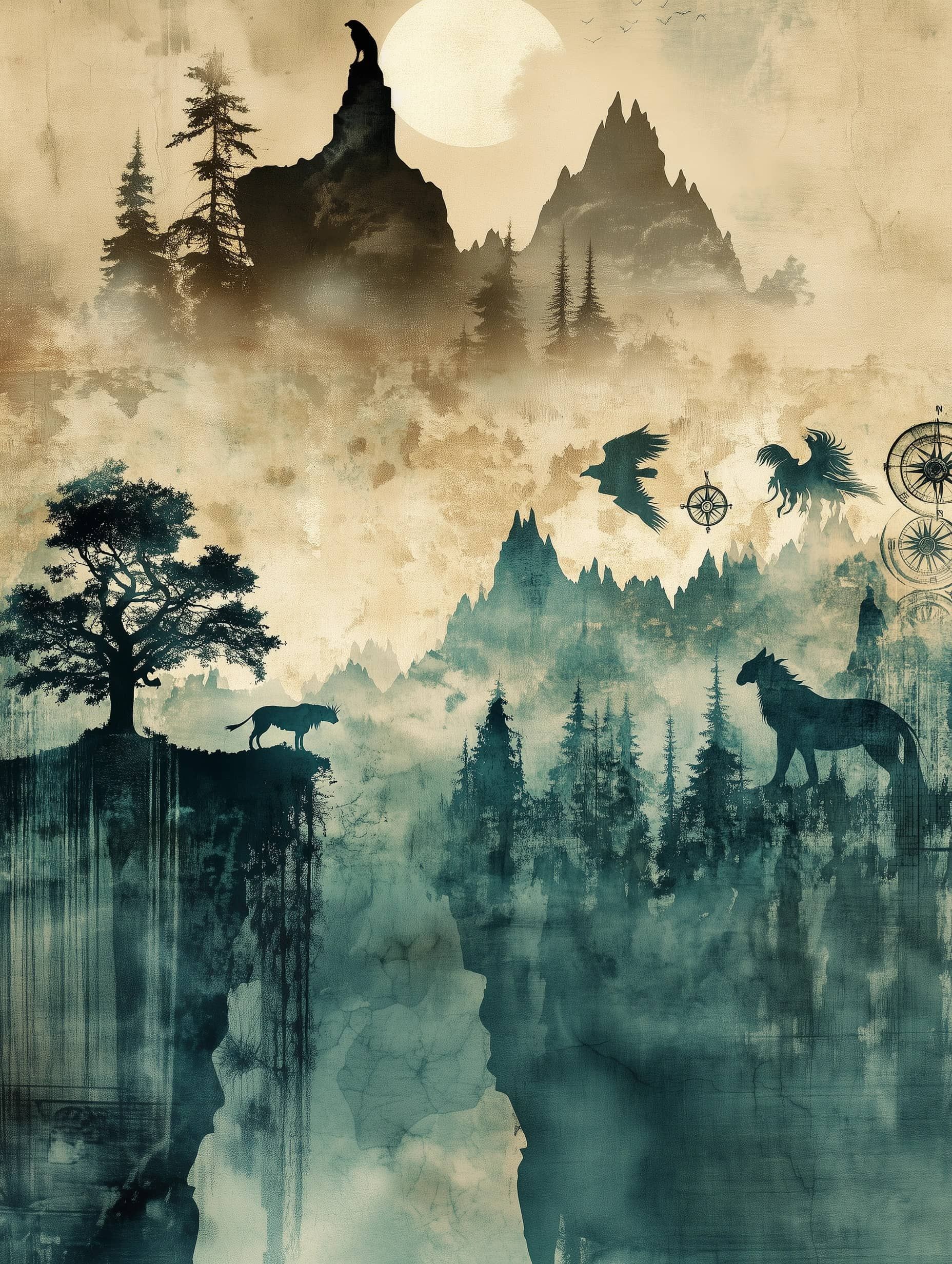 vintage aesthetic, animal, mountain, tree silhouettes, antlers, faded green and beige paper