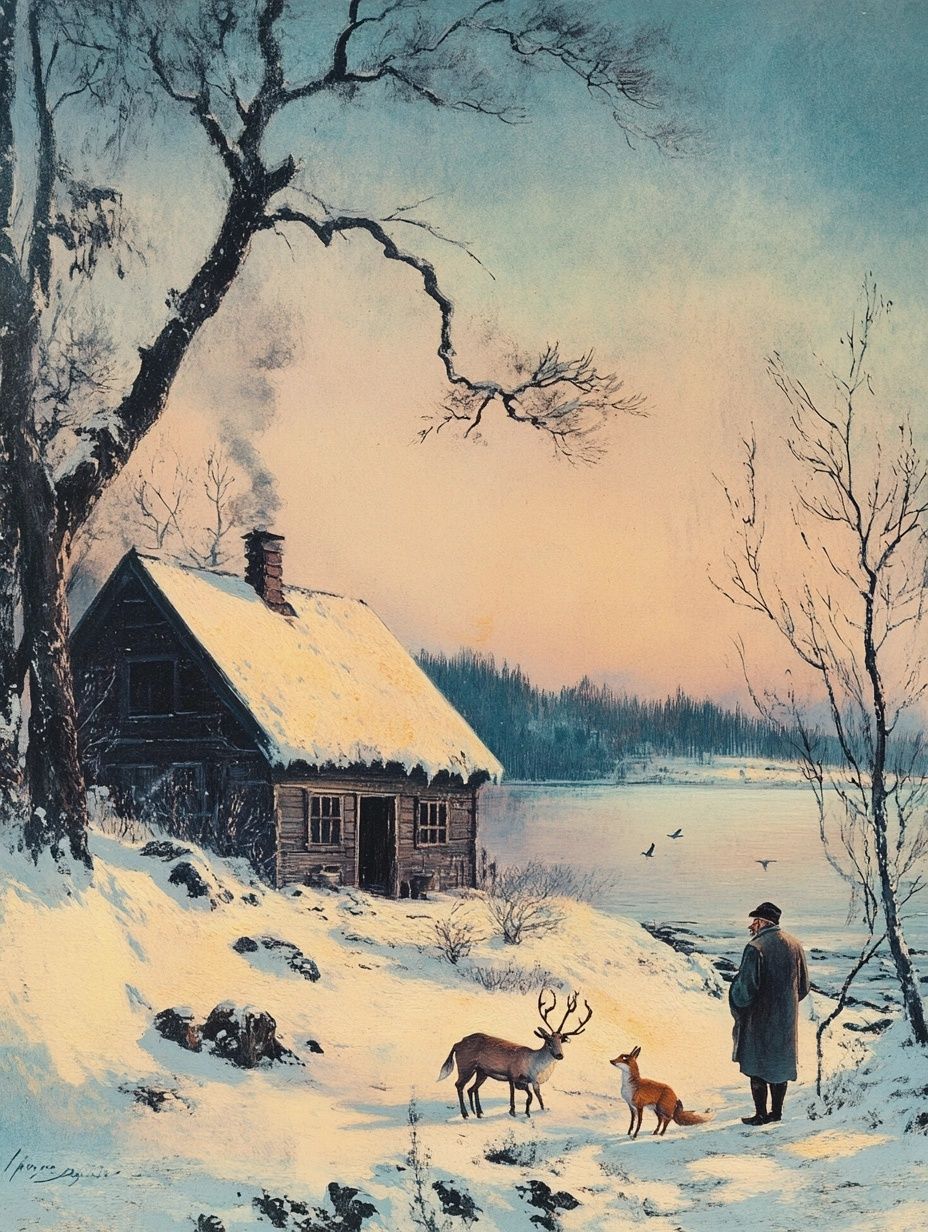 man, reindeer, fox stand on snowy river bank next to wooden house