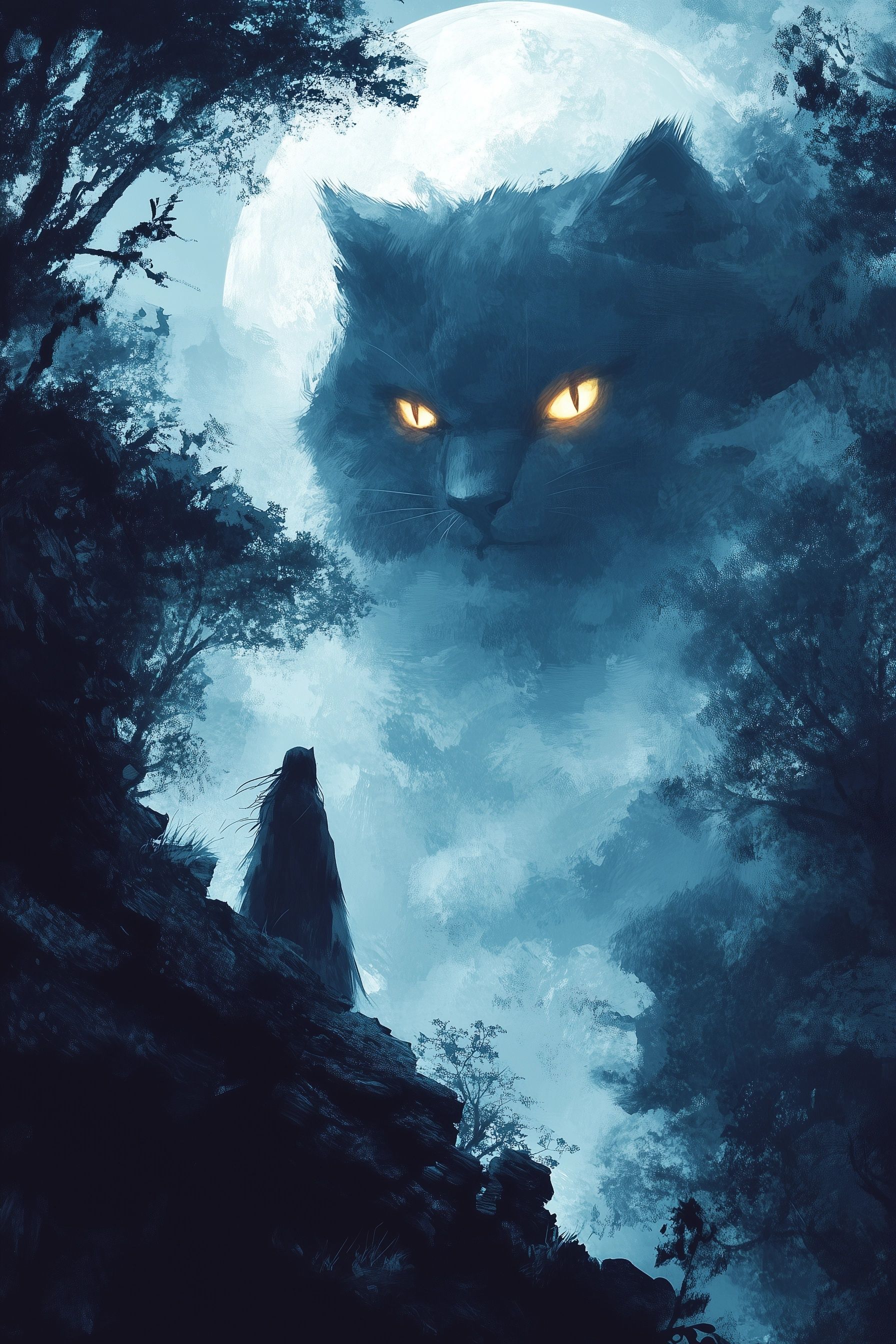 a large cat, glowing yellow eyes, a misty, moonlit forest landscape, figure of a woman, wampus cat tennessee folklore creatures