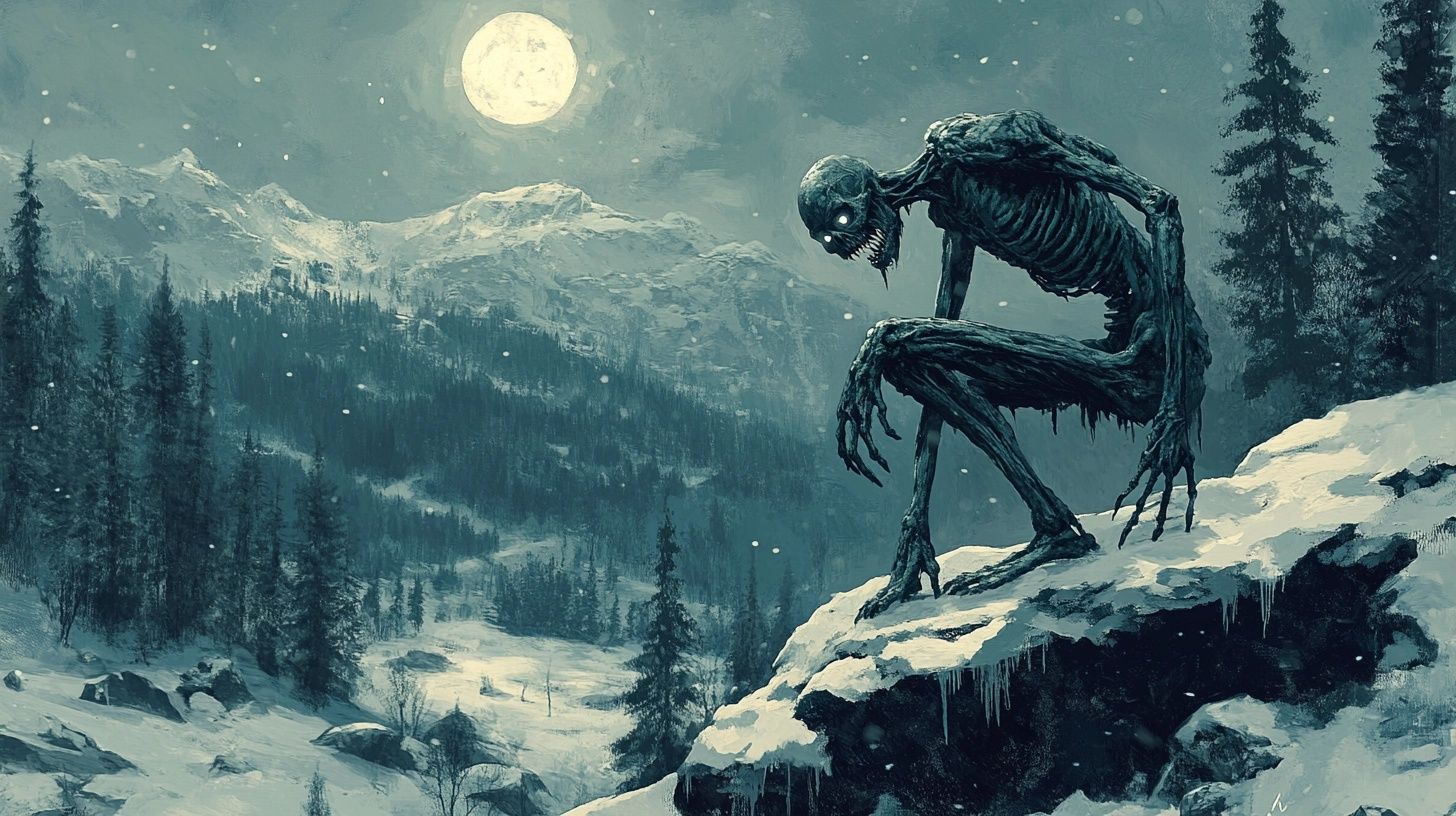 gaunt emaciated skeleton on top snowy mountain, moonlight