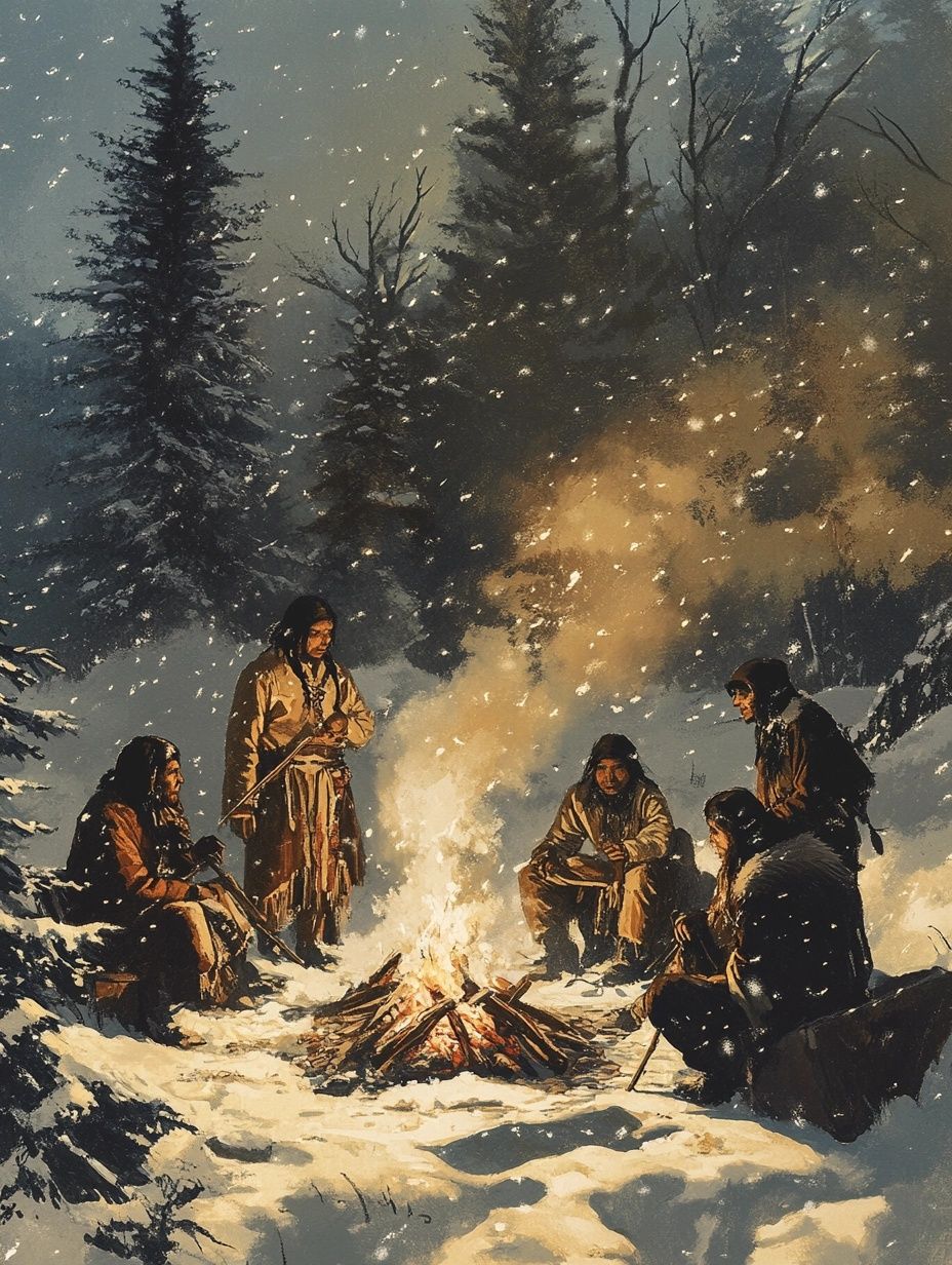 a group of indigenous people sit around a fire in a snowy mountain forest