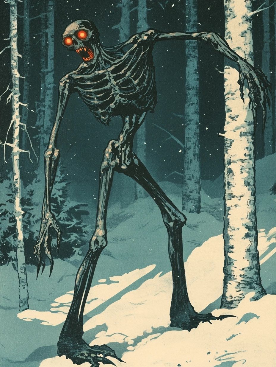 skeletal creature glowing red eyes