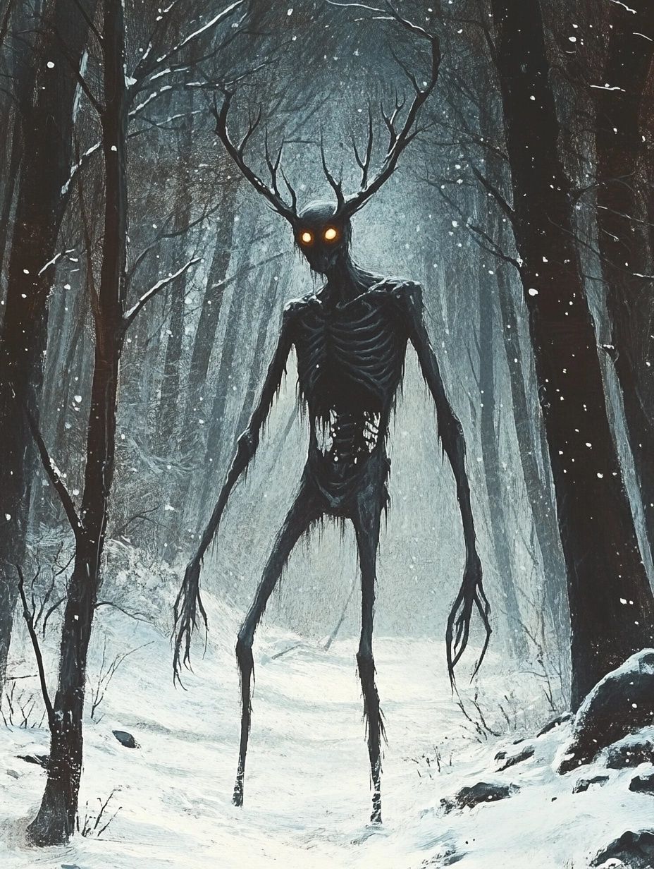 emaciated wendigo creature glowing eyes, antlers, snowy forest setting