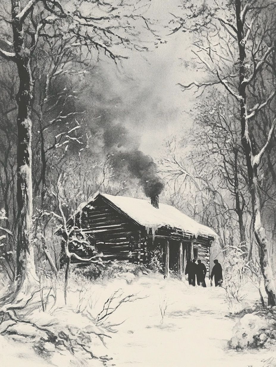 a snowy log cabin in the middle of a forest, silhouettes of people outside