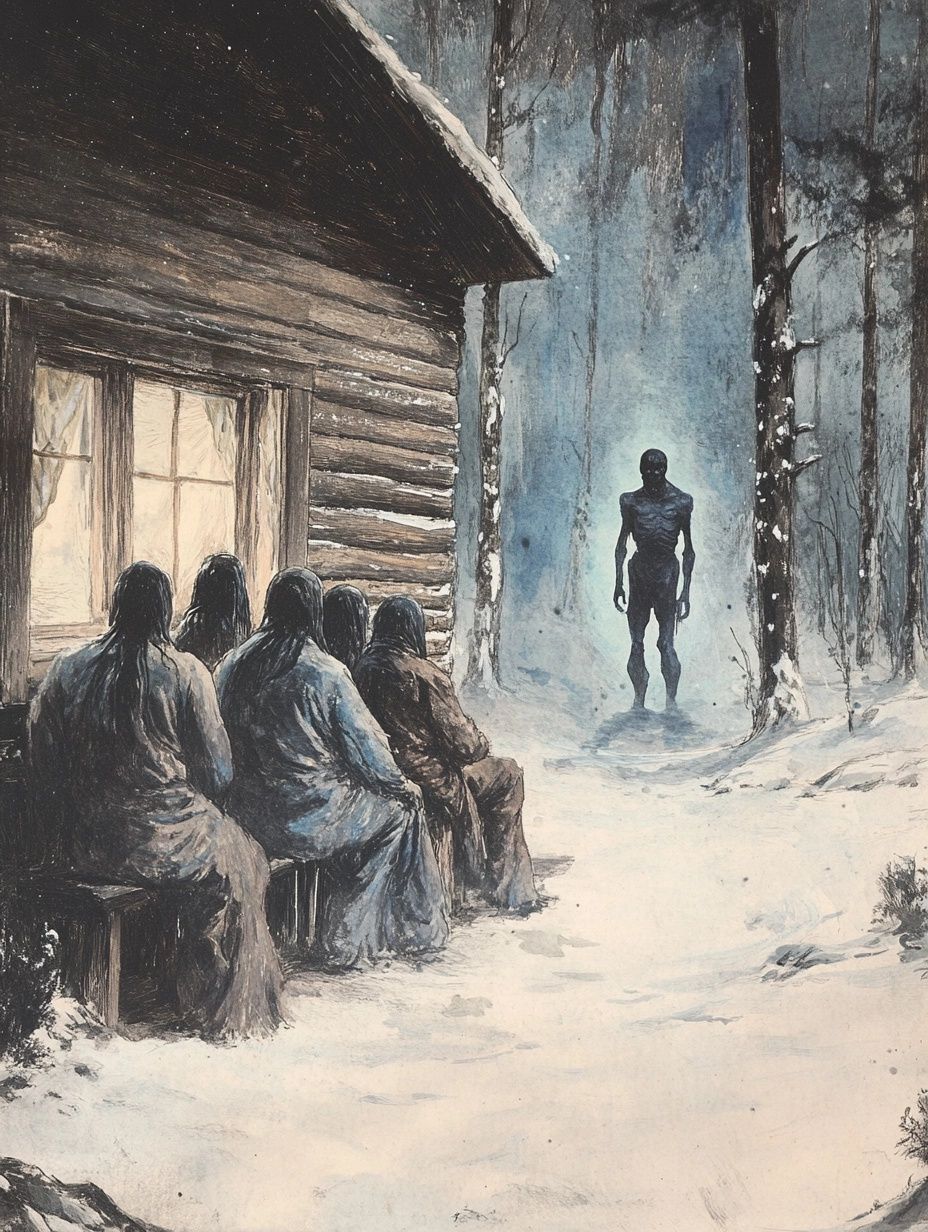 a group of people huddle in the snow outside a log cabin looking at a mysterious shadowy creature in the trees beyond