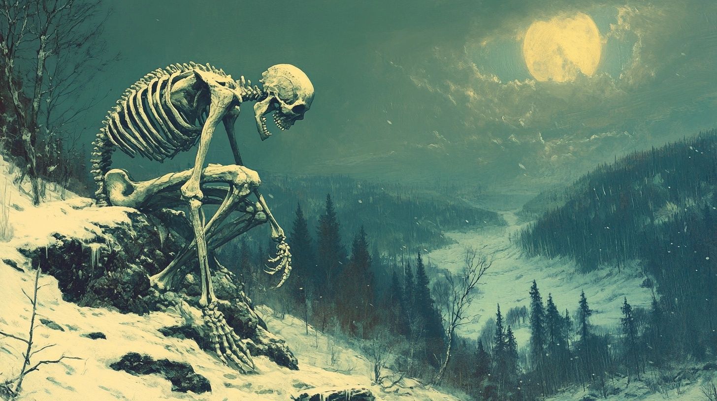 skeleton atop a snowy mountain scape under moonlight