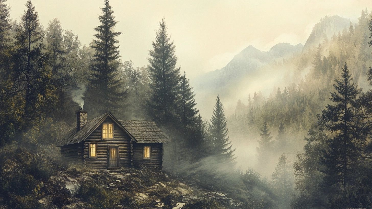misty forest and mountain landscape, log cabin, west virginia