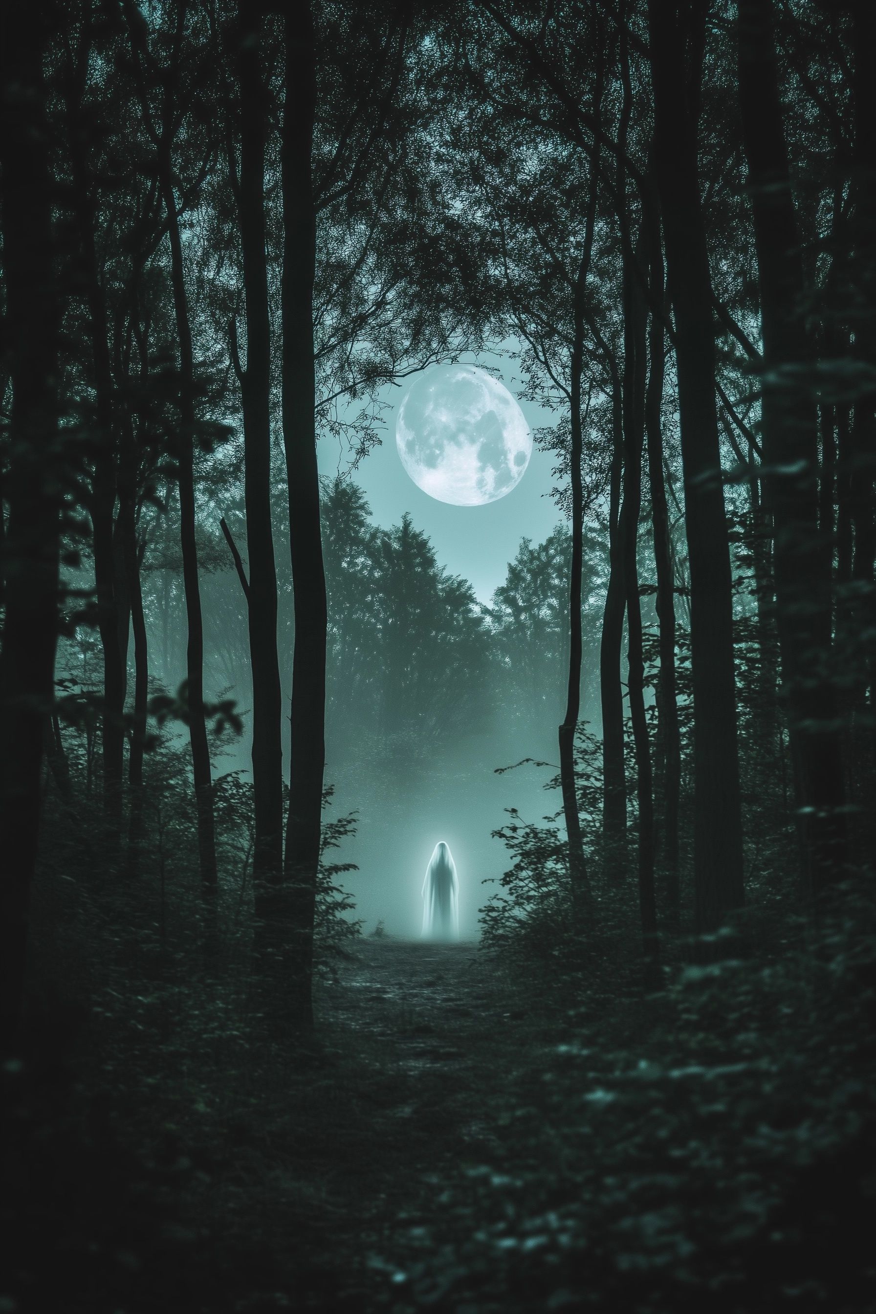 A quiet clearing in the woods, illuminated by a pale, full moon, In the distance, a ghostly white figure stands in the trees, white screamer white bluff Tennessee folklore