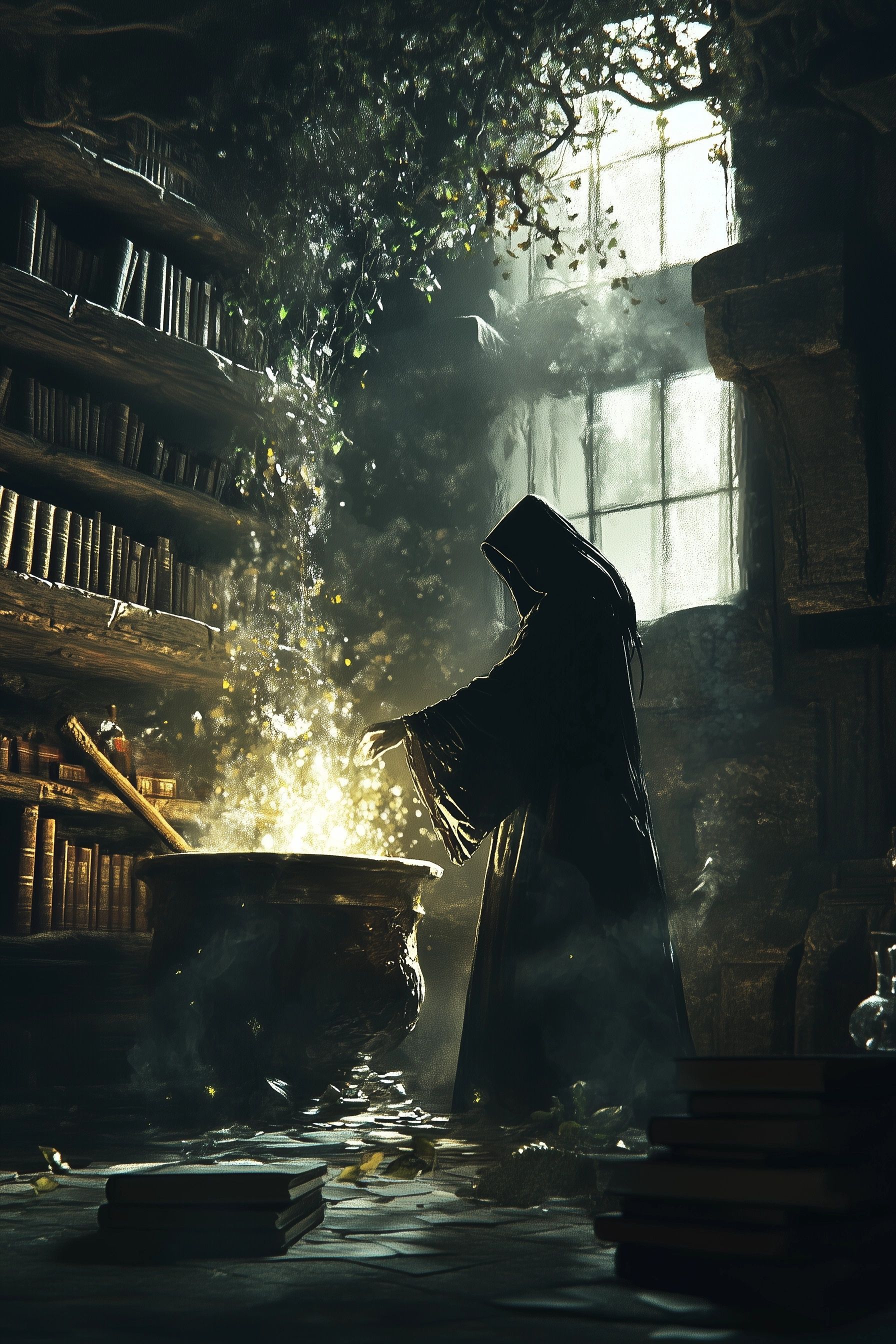 dimly lit, secret room, ancient books, herbs, potions, bubbling cauldron, shadowy figure stirs the pot, her face partially obscured, legend of the withc of evora portugal