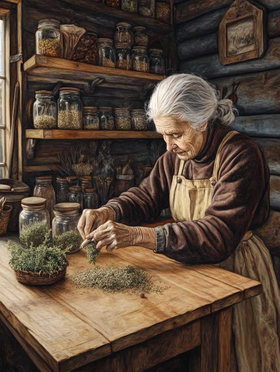 an old woman works with herbs