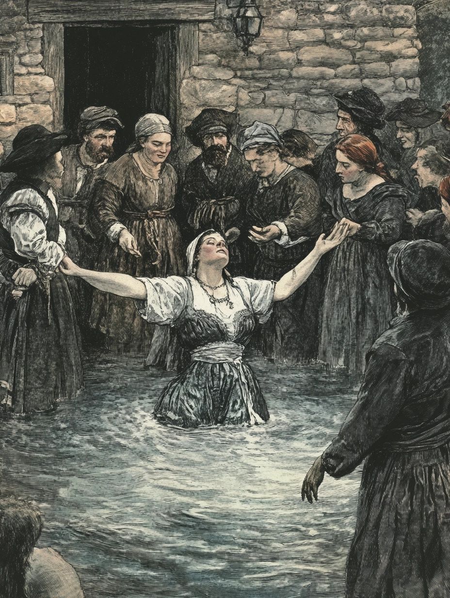 villagers surround woman standing in water