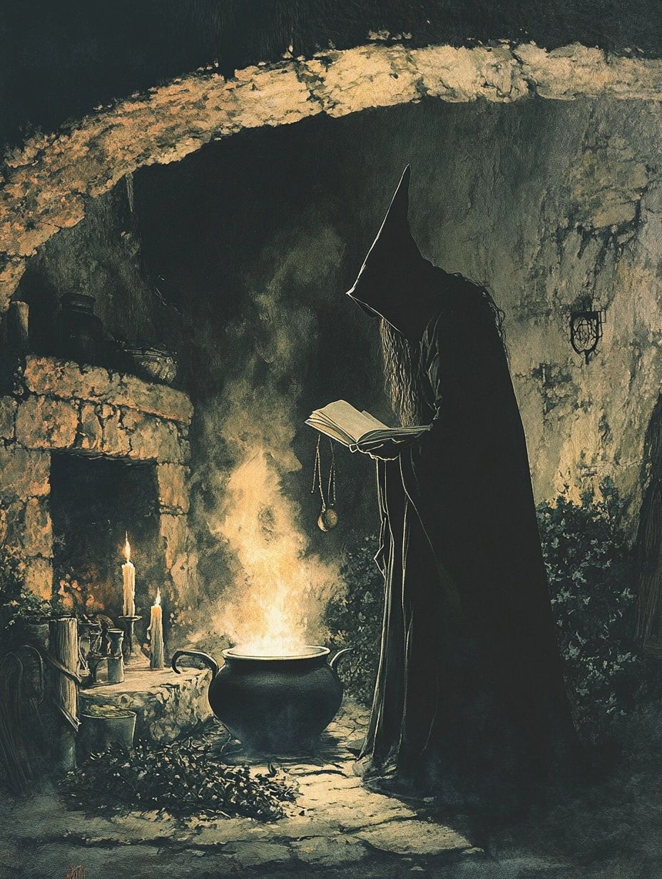 mysterious woman black robes reading book, burning cauldron