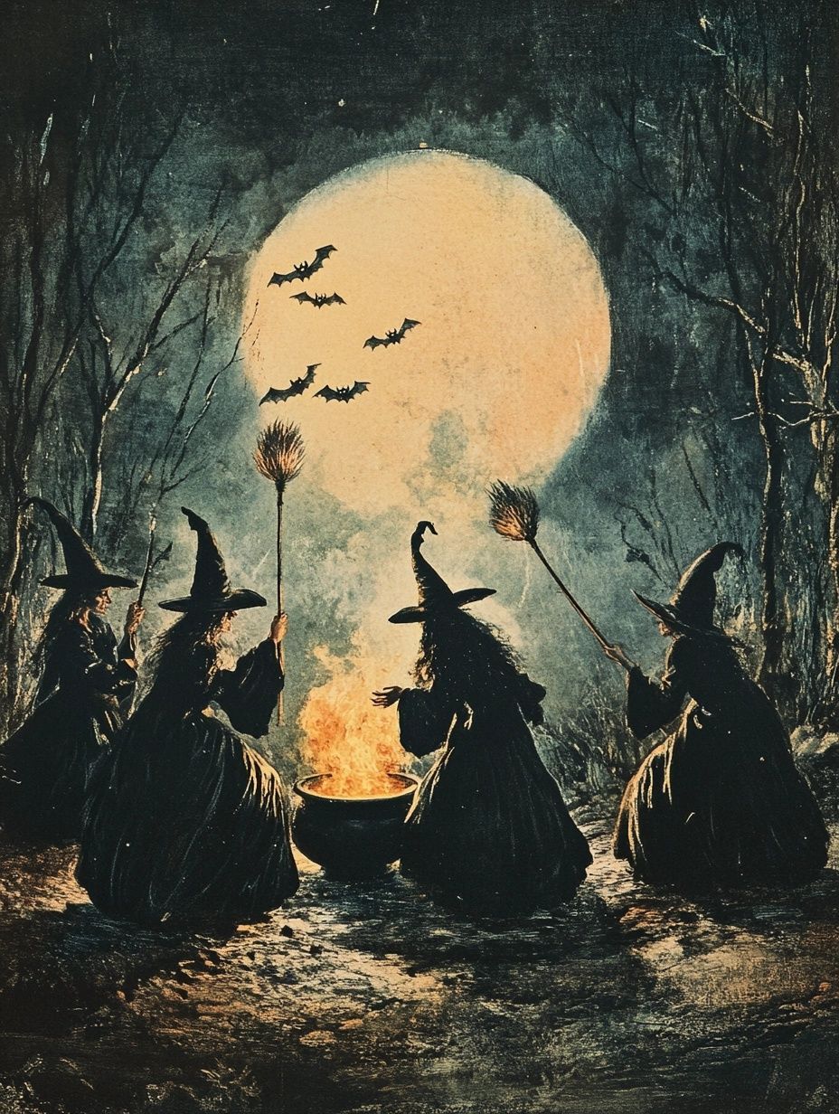 witches dance around a fire in the moonlight