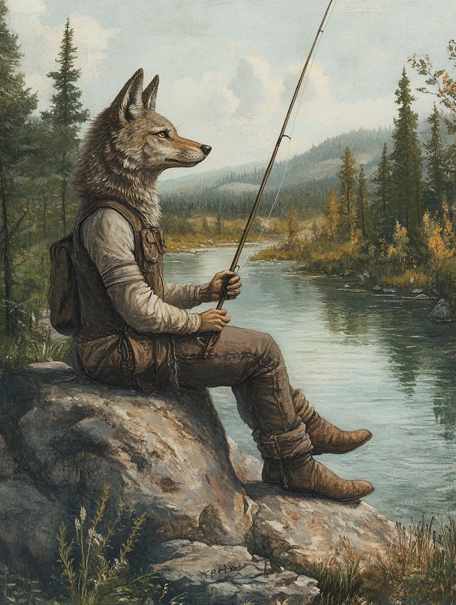 man with wolf head fishes on a loch