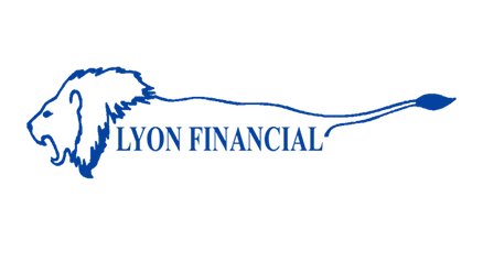 Blue lion logo with “LYON FINANCIAL” text and a long flowing line on a white background