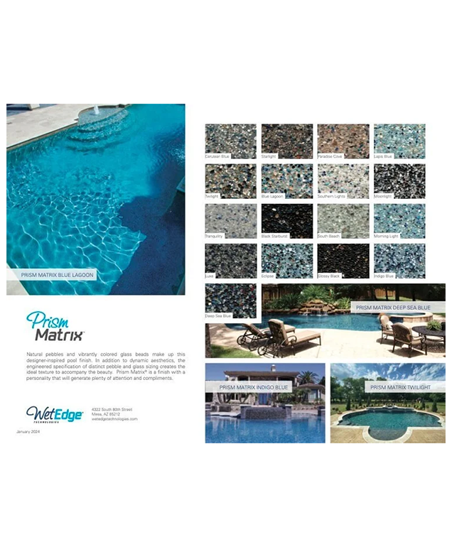 Pool tile and finish catalog page with blue mosaic water, texture samples, and resort pool photos