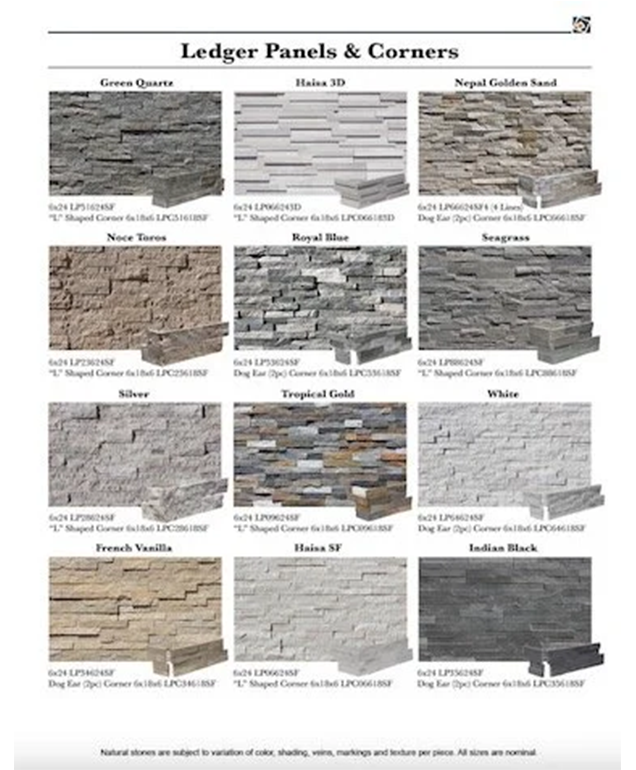 Stone veneer catalog page showing ledger panels and corners in multiple colors and textures
