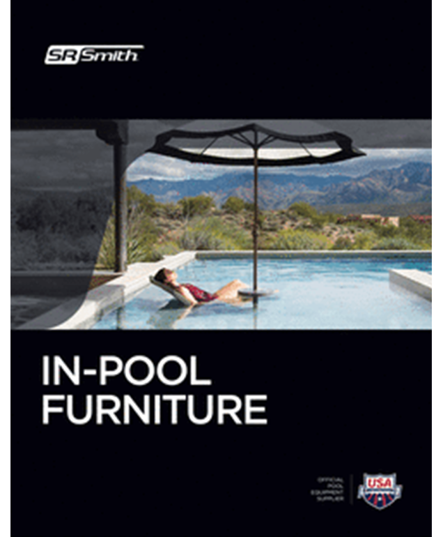 Luxury in-pool furniture ad with a person lounging by a resort-style pool and mountain view.