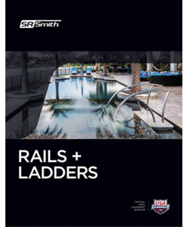 Pool with metal handrails and ladder, branded “Rails + Ladders” by SR Smith.