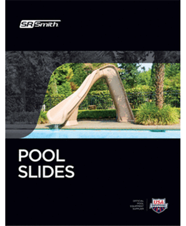 Pool slide with a curved beige slide beside a pool, framed by black text reading “POOL SLIDES”