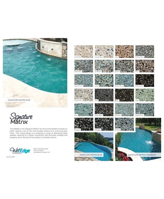 Poolside design brochure page with turquoise pool photo and a grid of stone sample tiles