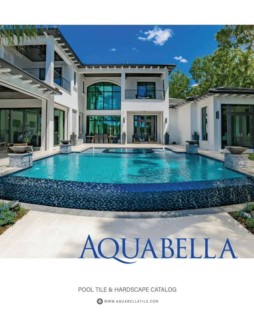 Luxury modern villa with a turquoise pool and “AQUABELLA” branding under a blue sky