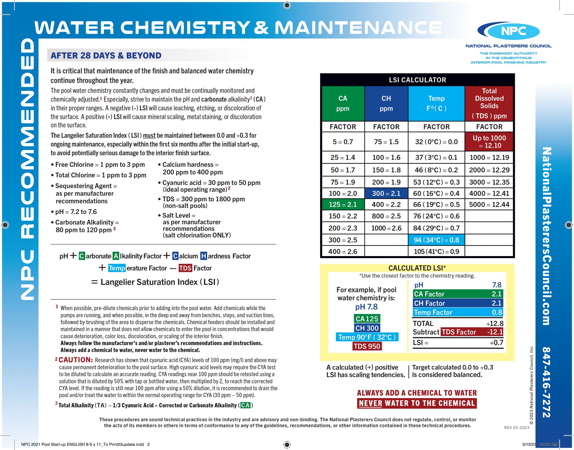 Water chemistry maintenance guide with blue header, bullet list, and color-coded test chart.