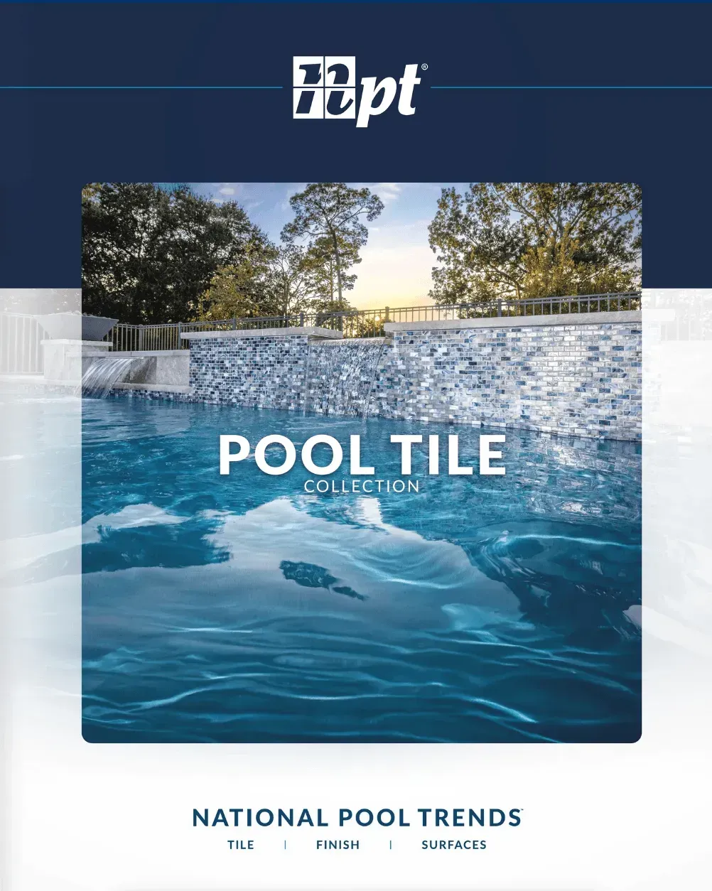 Pool tile brochure cover with blue pool water, trees, and the text “National Pool Trends”