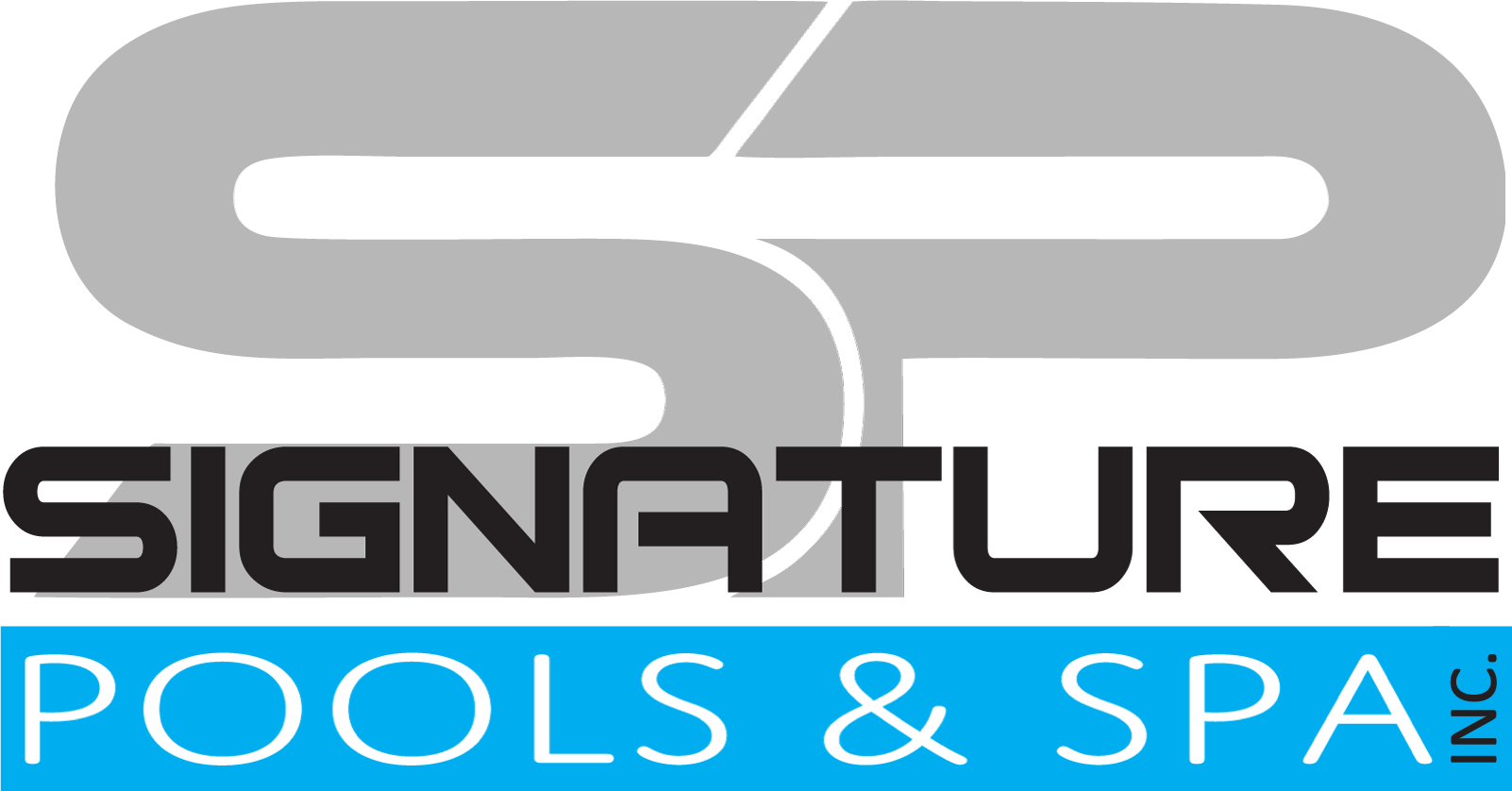 Signature Pools & Spa logo in gray, black, and blue with stylized initials SP