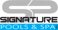 Signature Pools & Spa logo in gray, black, and blue with stylized initials SP