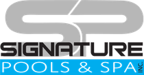 Signature Pools & Spa logo in gray, black, and blue with stylized initials SP