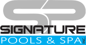 Signature Pools & Spa logo in gray, black, and blue with stylized initials SP