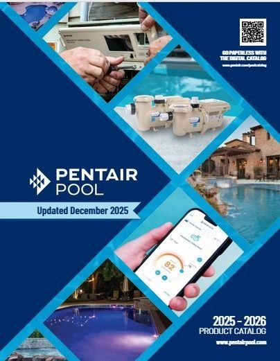 Pentair Pool 2025–2026 catalog cover with pool equipment, homes, and a smartphone app on blue diamonds