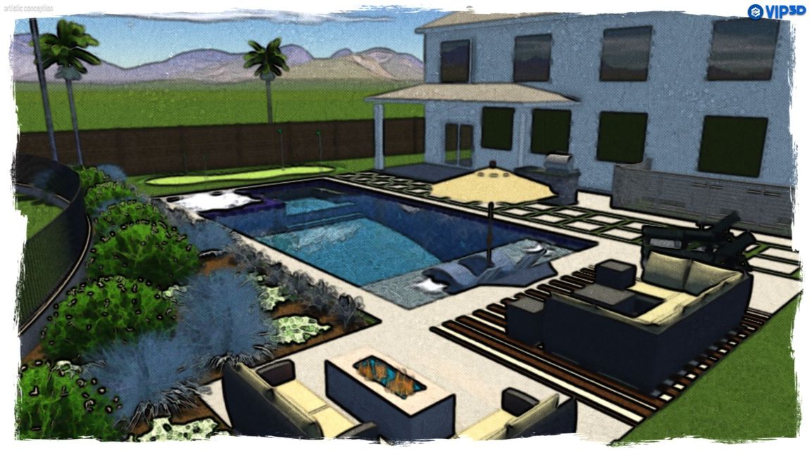 Modern backyard with a swimming pool, lounge chairs, pergola, and a two-story house.