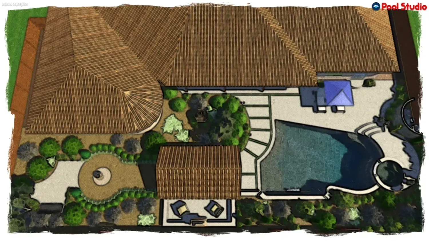 Top-down view of a tropical resort layout with thatched-roof buildings, a central courtyard, and a swimming pool.