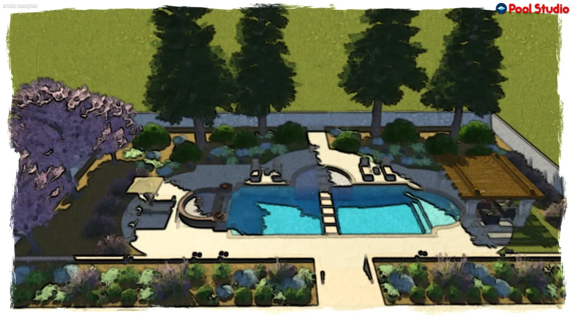 Backyard pool and patio with lounge chairs, trees, and landscaped stone surroundings, viewed from above