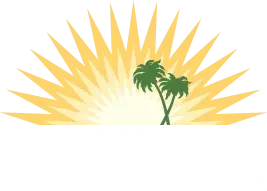 Yellow sunburst logo with two green palm trees on a white background