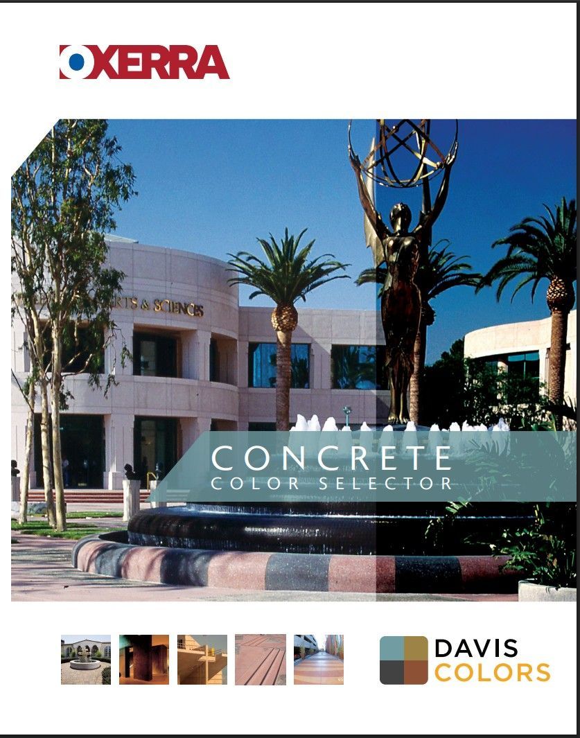Xerra concrete countertop ad showing modern building, palm trees, and “Davis Colors” branding