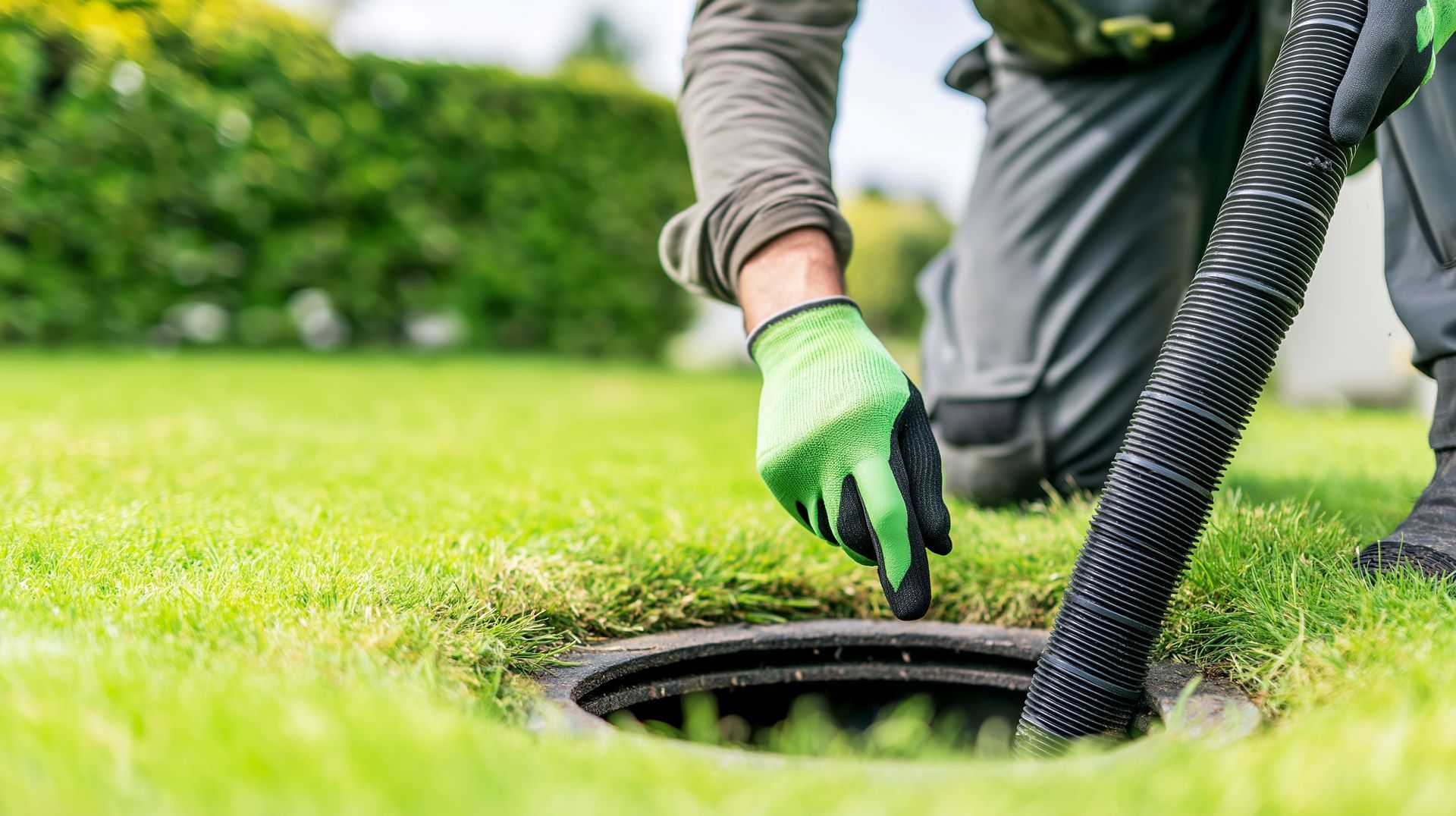 Professional technician using a vacuum hose during routine septic inspections in a backyard lawn.