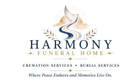 Harmony Funeral Home logo with dove, blue and gold text, and cremation, burial, and memorial service tagline