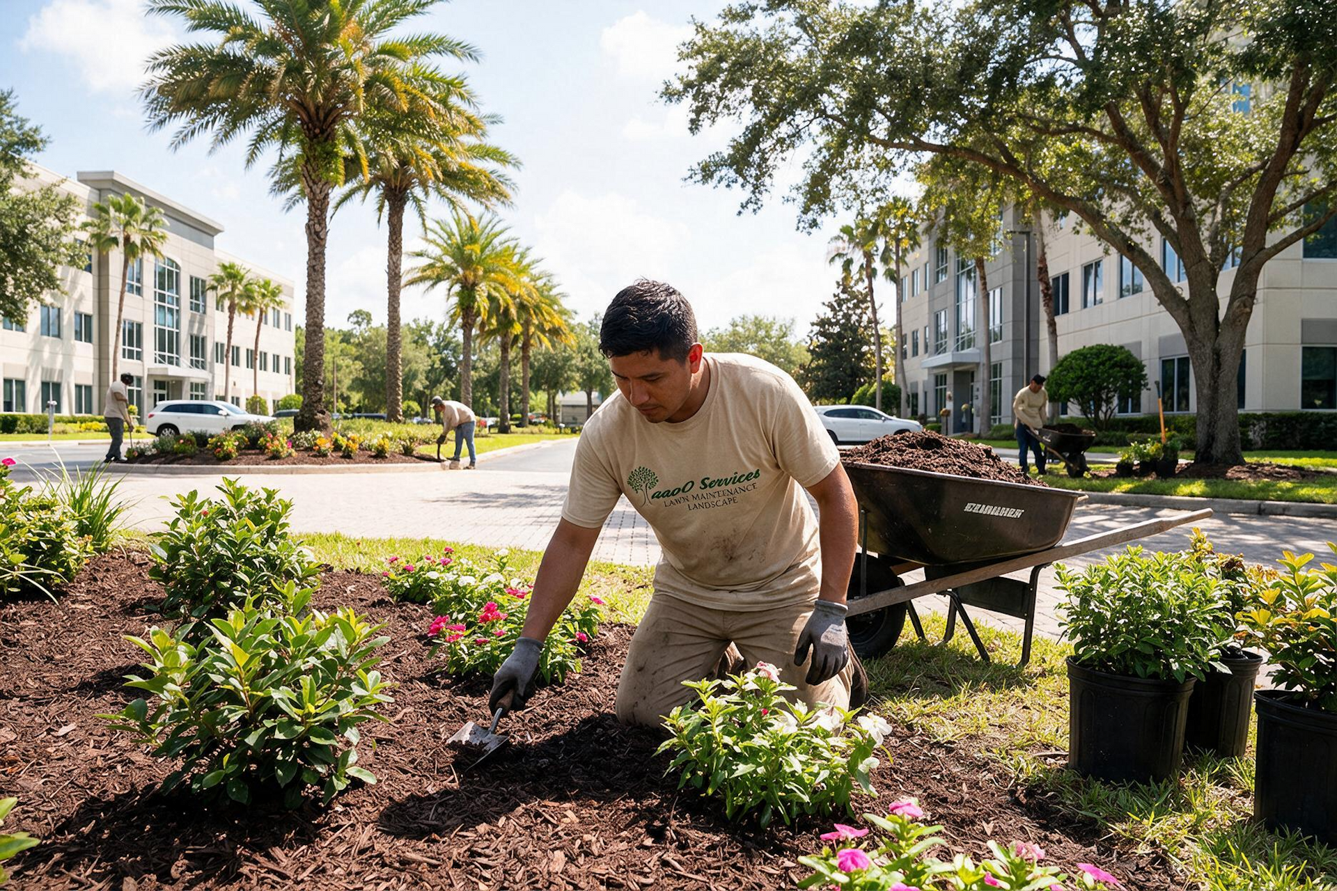 Worker planting flowers in a sunny landscaped courtyard beside a wheelbarrow and palm trees