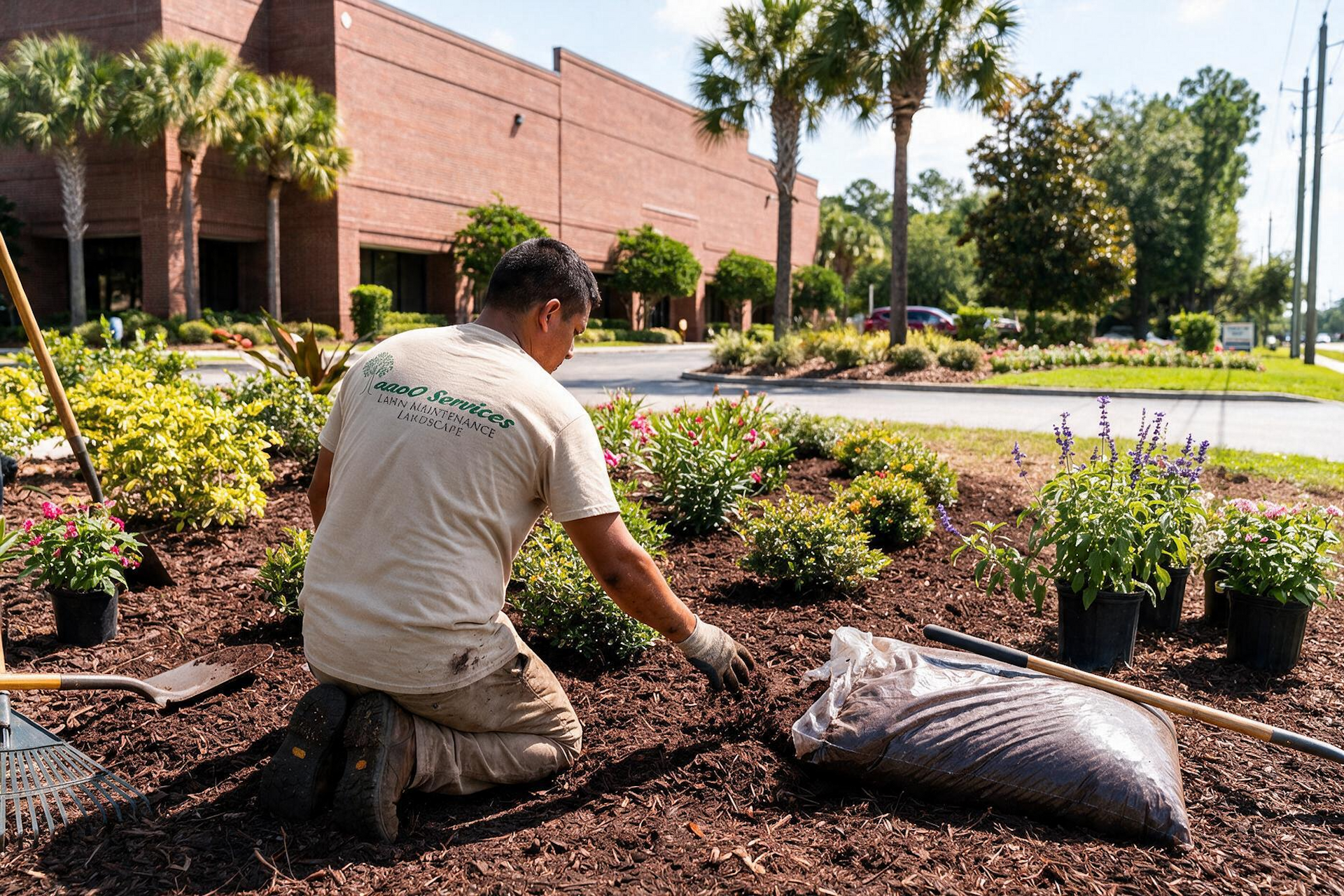 Gardener planting flowers in a sunny landscaped garden beside a wheelbarrow