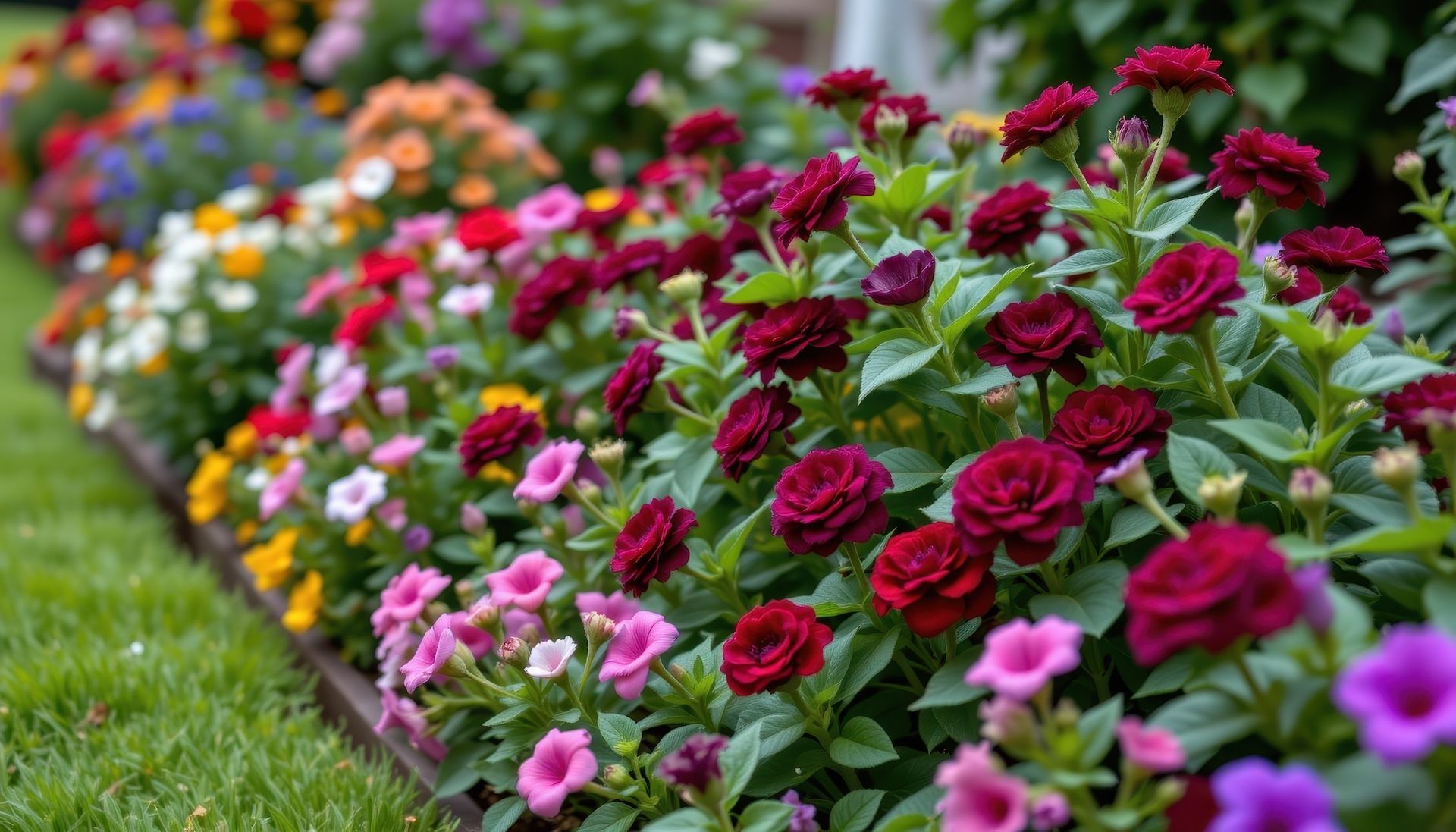 A vibrant flower bed overflowing with colorful blooms, including red roses and pink flowers, against a grassy lawn.
